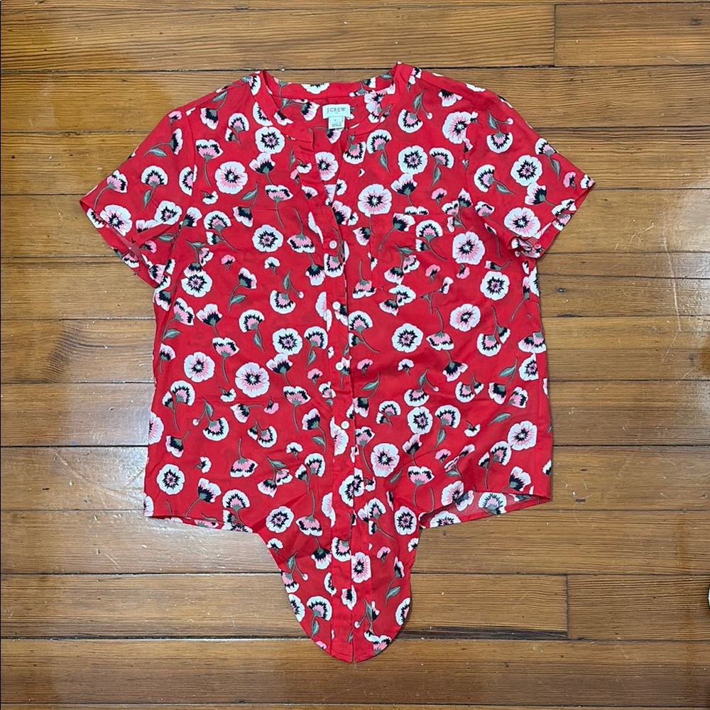 J. Crew Red and Pink Floral Tie Front Blouse
